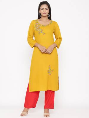 Women's Mustard Cotton Printed A-line Kurta plazzo 6