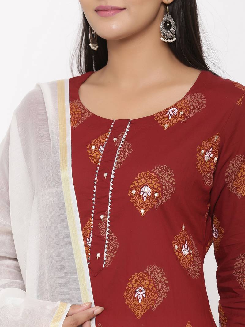 Women's Maroon Cotton Printed A-line Kurta plazzo