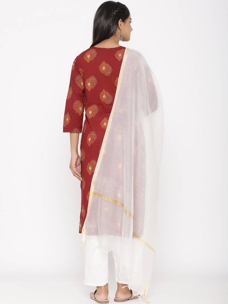 Women's Maroon Cotton Printed A-line Kurta plazzo