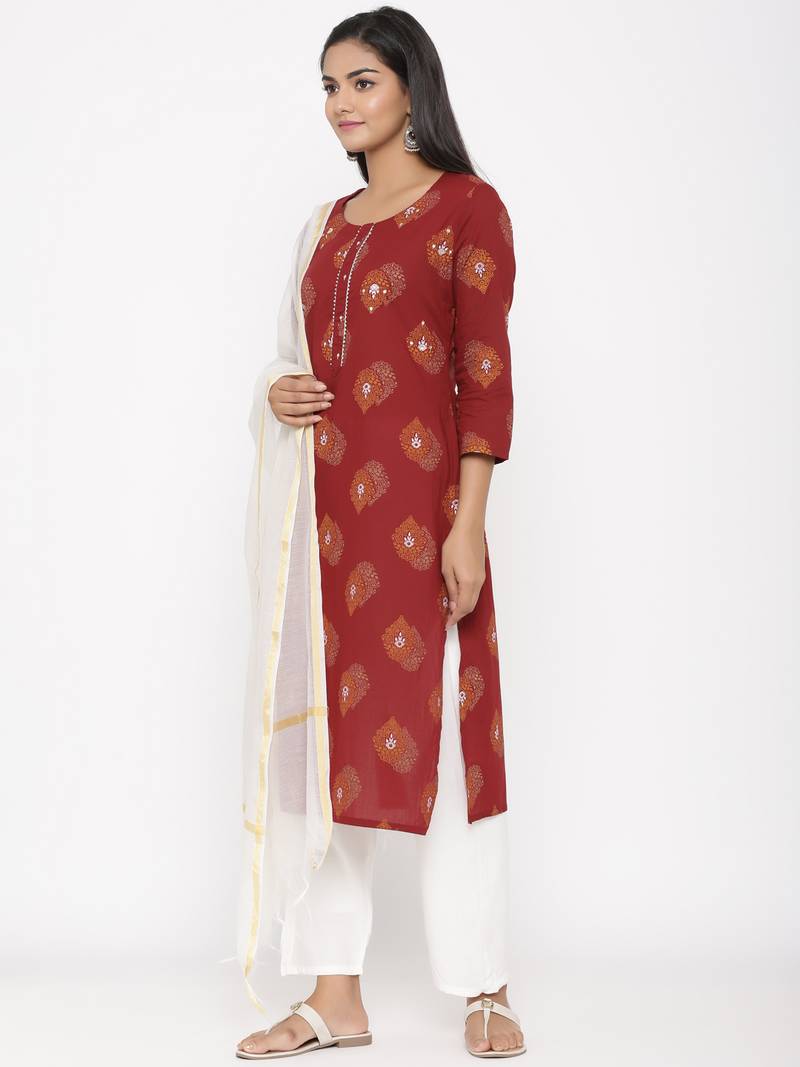 Women's Maroon Cotton Printed A-line Kurta plazzo