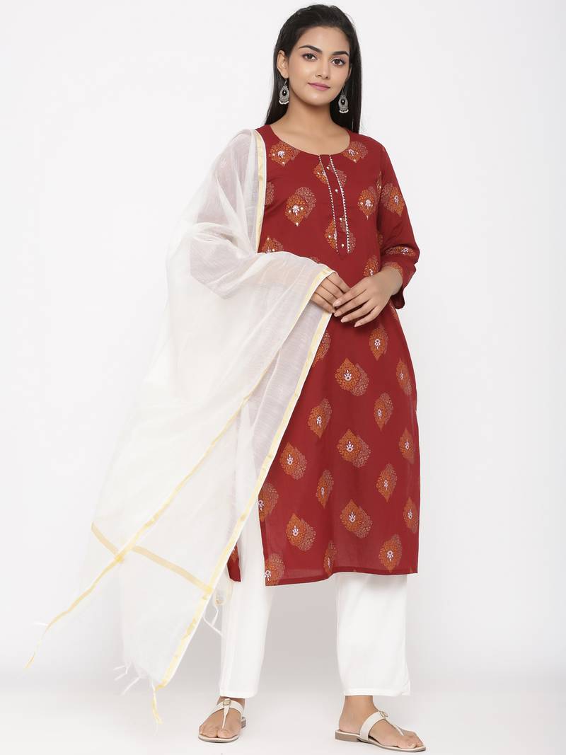 Women's Maroon Cotton Printed A-line Kurta plazzo