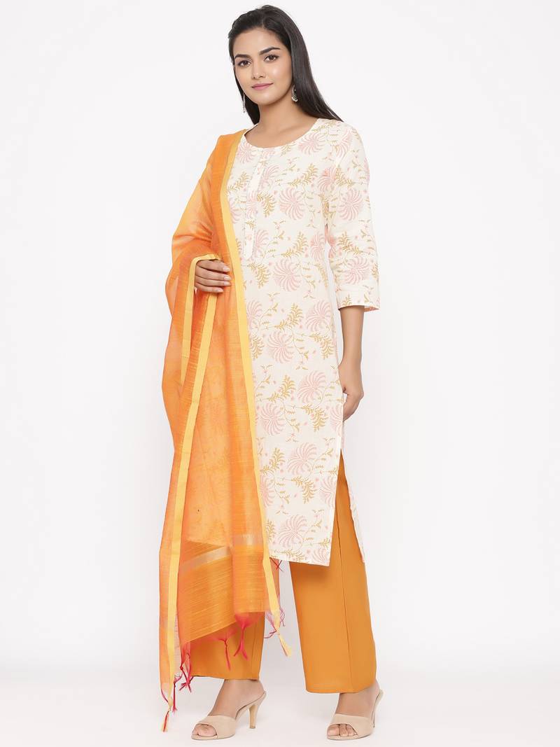 Women's Mustard Cotton Printed A-line Kurta plazzo