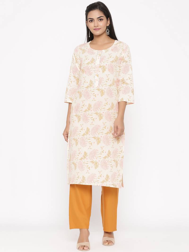 Women's Mustard Cotton Printed A-line Kurta plazzo