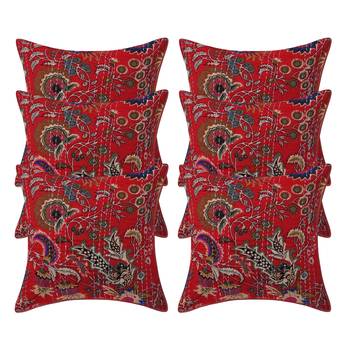 red polyester Cotton Assorted kantha work Floral Print Cushion cover 1