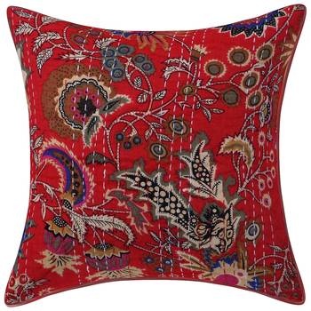 red polyester Cotton Assorted kantha work Floral Print Cushion cover 3