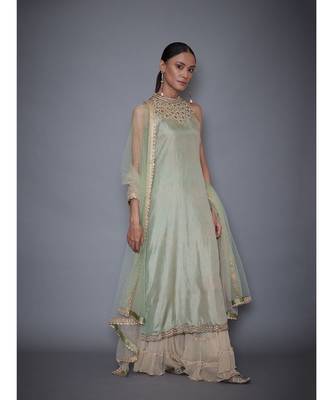Ri Ritu Kumar Mint Green & Beige Silk Kurta With Sharara & Dupatta 3