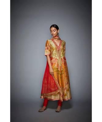 Ri Ritu Kumar orange cotton silk with Placket Kurta With Churidar And Dupatta 1