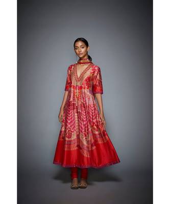 Ri Ritu Kumar red cotton silk with Placket Kurta With Churidar And Dupatta 1