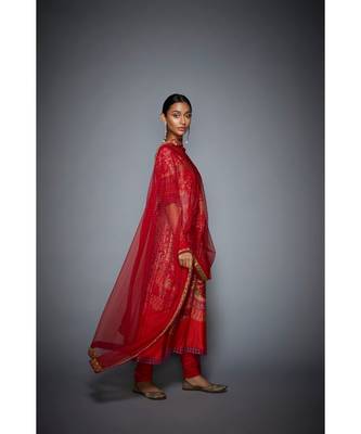 Ri Ritu Kumar red cotton silk with Placket Kurta With Churidar And Dupatta 3