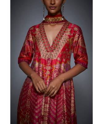 Ri Ritu Kumar red cotton silk with Placket Kurta With Churidar And Dupatta 5