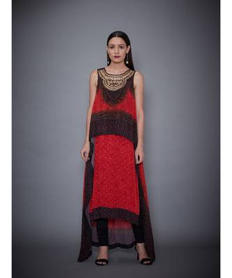 Ri Ritu Kumar  Red & Black Embroidered Cape With Kurta And Churidar 1