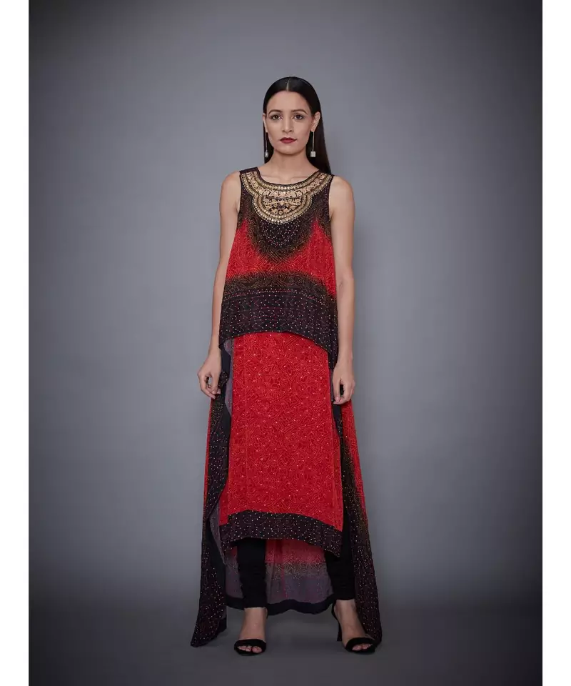 Ri Ritu Kumar  Red & Black Embroidered Cape With Kurta And Churidar