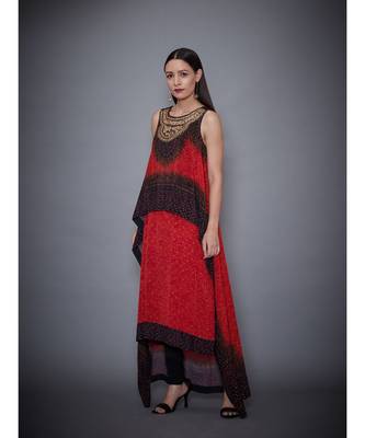 Ri Ritu Kumar  Red & Black Embroidered Cape With Kurta And Churidar 3