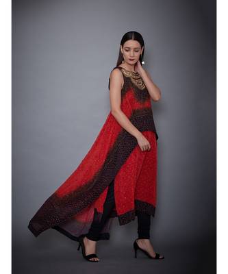 Ri Ritu Kumar  Red & Black Embroidered Cape With Kurta And Churidar 4