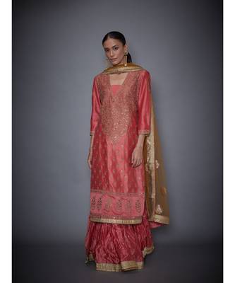 Ri Ritu Kumar Coral & Khaki cotton silk Kurta With Crinkled Skirt and Dupatta 1
