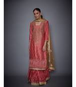 Ri Ritu Kumar Coral & Khaki cotton silk Kurta With Crinkled Skirt and Dupatta