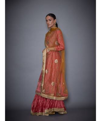 Ri Ritu Kumar Coral & Khaki cotton silk Kurta With Crinkled Skirt and Dupatta 2