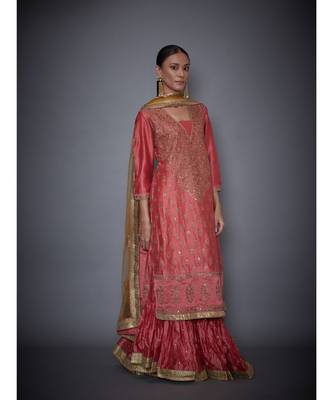 Ri Ritu Kumar Coral & Khaki cotton silk Kurta With Crinkled Skirt and Dupatta 3