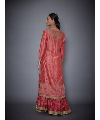 Ri Ritu Kumar Coral & Khaki cotton silk Kurta With Crinkled Skirt and Dupatta 4