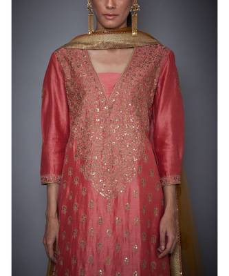 Ri Ritu Kumar Coral & Khaki cotton silk Kurta With Crinkled Skirt and Dupatta 5