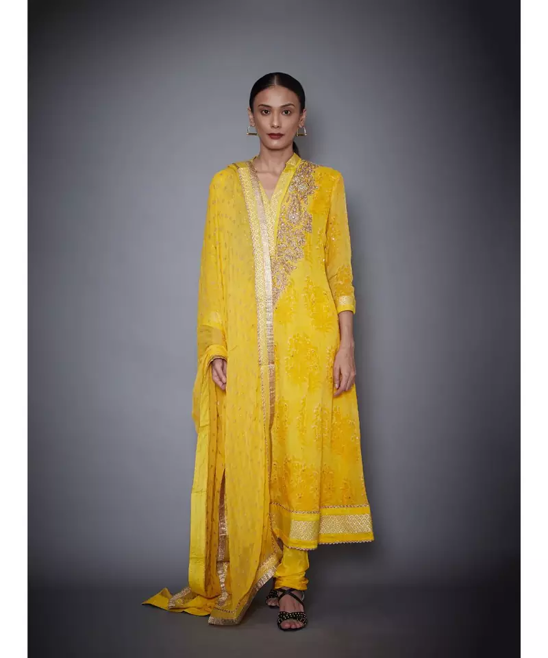 Ri Ritu Kumar Yellow crepe Kurta With Churidar and Dupatta