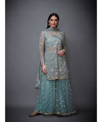 Ri Ritu Kumar blue net Round Neck Full Sleeves Kurta With Busties Inner, Garara and Chunni 1