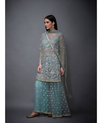 Ri Ritu Kumar blue net Round Neck Full Sleeves Kurta With Busties Inner, Garara and Chunni 2