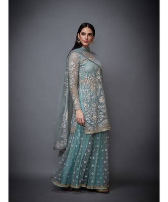 Ri Ritu Kumar blue net Round Neck Full Sleeves Kurta With Busties Inner, Garara and Chunni 3