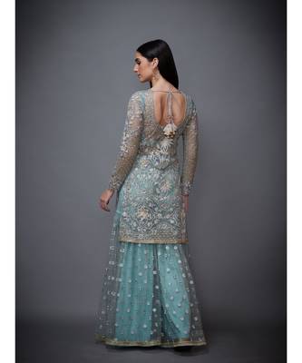 Ri Ritu Kumar blue net Round Neck Full Sleeves Kurta With Busties Inner, Garara and Chunni 4