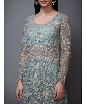 Ri Ritu Kumar blue net Round Neck Full Sleeves Kurta With Busties Inner, Garara and Chunni 5