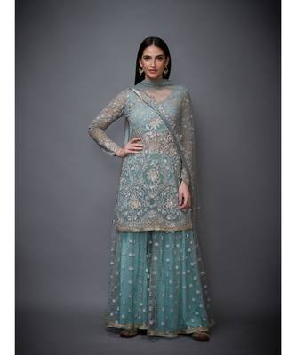Ri Ritu Kumar blue net Round Neck Full Sleeves Kurta With Busties Inner, Garara and Chunni 6