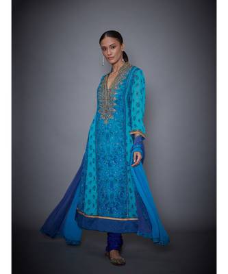 Ri Ritu Kumar Royal Blue & Turquoise Embroidered Kurta With Churidar & Dupatta 1