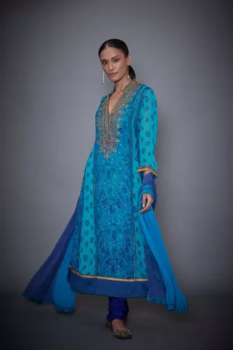 Ri Ritu Kumar Royal Blue & Turquoise Embroidered Kurta With Churidar & Dupatta