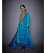 Ri Ritu Kumar Royal Blue & Turquoise Embroidered Kurta With Churidar & Dupatta