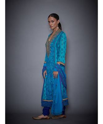 Ri Ritu Kumar Royal Blue & Turquoise Embroidered Kurta With Churidar & Dupatta 2
