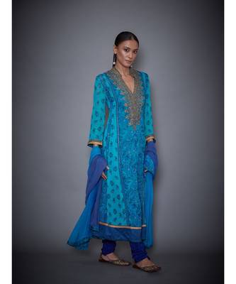 Ri Ritu Kumar Royal Blue & Turquoise Embroidered Kurta With Churidar & Dupatta 3