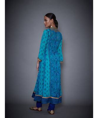 Ri Ritu Kumar Royal Blue & Turquoise Embroidered Kurta With Churidar & Dupatta 4