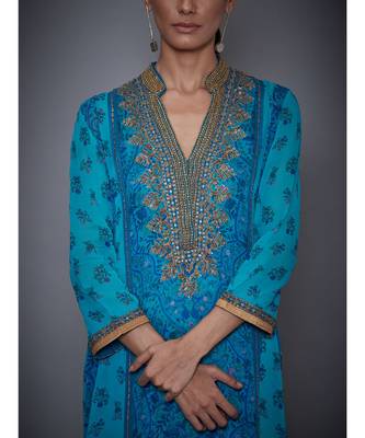 Ri Ritu Kumar Royal Blue & Turquoise Embroidered Kurta With Churidar & Dupatta 5