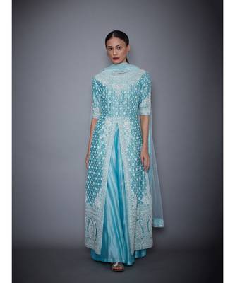Ri Ritu Kumar blue cotton silk Aquamarine Embroidered Kurta With Palazzo & Dupatta 1