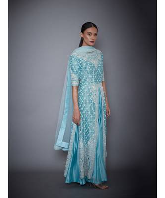 Ri Ritu Kumar blue cotton silk Aquamarine Embroidered Kurta With Palazzo & Dupatta 3