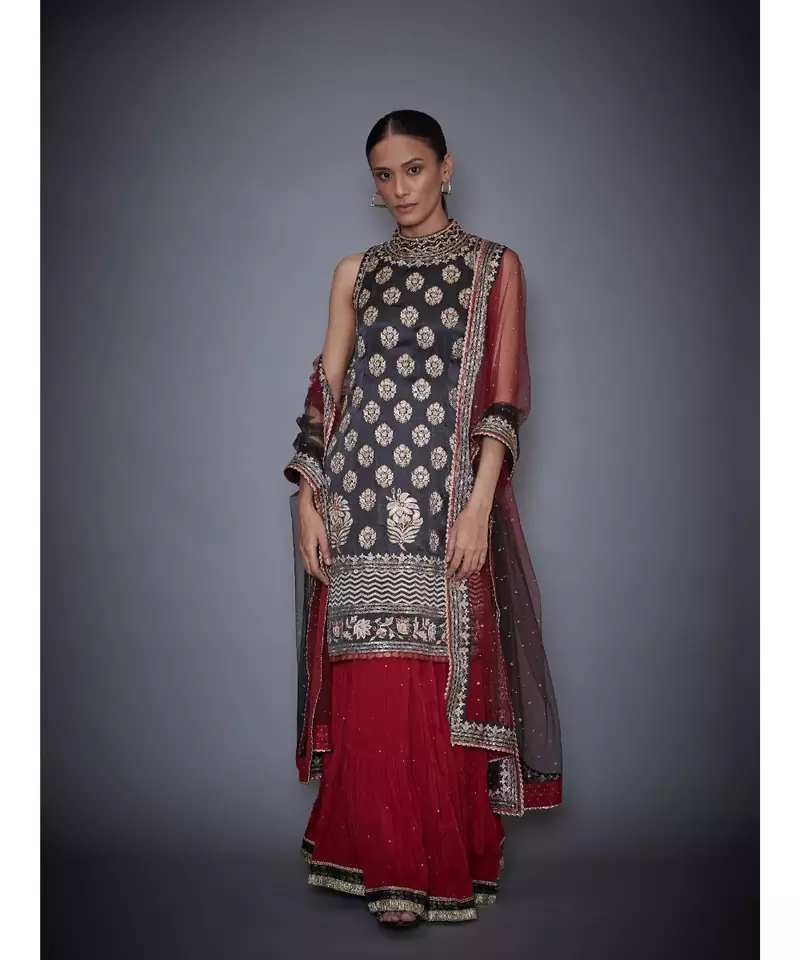Ri Ritu Kumar black satin Band Collar Sleeveless Kurta with Skirt and Dupatta