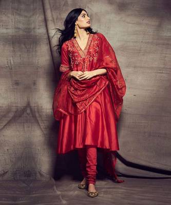 Ri Ritu Kumar Red cotton silk Floral Kurta With Churidar and Dupatta 1