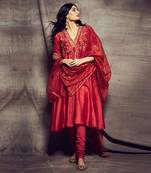 Ri Ritu Kumar Red cotton silk Floral Kurta With Churidar and Dupatta