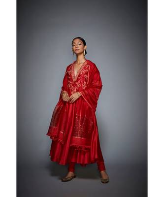 Ri Ritu Kumar Red cotton silk Floral Kurta With Churidar and Dupatta 2