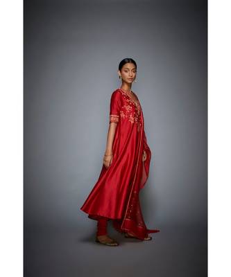 Ri Ritu Kumar Red cotton silk Floral Kurta With Churidar and Dupatta 4