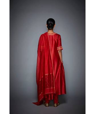Ri Ritu Kumar Red cotton silk Floral Kurta With Churidar and Dupatta 5