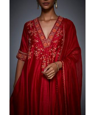 Ri Ritu Kumar Red cotton silk Floral Kurta With Churidar and Dupatta 6