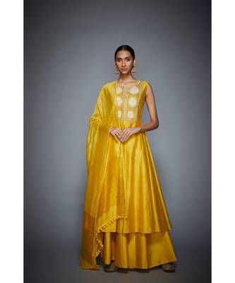 Ri Ritu Kumar Yellow cotton silk Floral Kurta With Palazzo and Dupatta 1