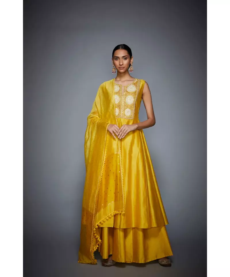 Ri Ritu Kumar Yellow cotton silk Floral Kurta With Palazzo and Dupatta