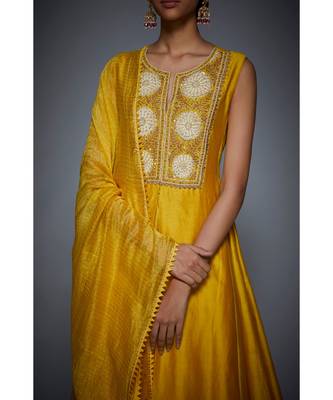 Ri Ritu Kumar Yellow cotton silk Floral Kurta With Palazzo and Dupatta 4